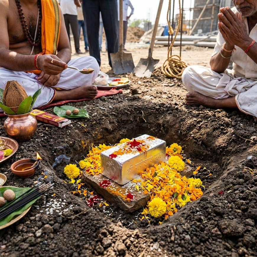 Silver brick, tortoise, and Vastu Purusha metal icons for foundation stone laying (Shila Sthapana) in Bangalore
