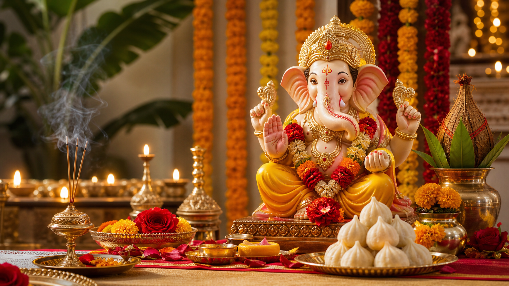 Ganesh Puja setup with Lord Ganesha idol, modak, marigold flowers, kalash, puja thali and diya lamps