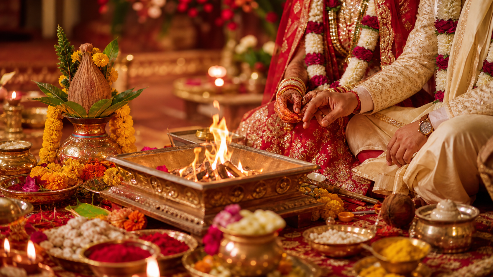 Hindu Marriage Puja mandap setup with havan kund, kalash, flowers and wedding ritual items for vivaah ceremony