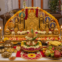 Navgrah Shanti Puja AI image in Bangalore - Completed Navgrah Shanti altar with offerings and diya.