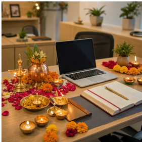 Office Opening Puja AI image in Bangalore - Completed workplace blessing setup with diya and business items.