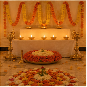 Pitra Dosh Puja AI image in Bangalore - Peaceful completed Pitra Dosh Puja altar with lamps.