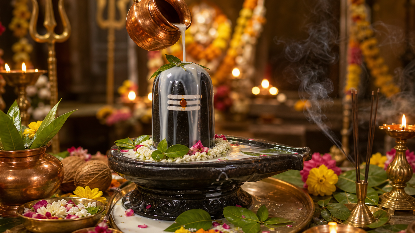 Rudrabhishek Puja setup with Shiva lingam, bilva leaves, copper kalash, flowers and diya lamps in sacred ambience